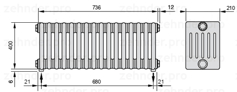 Схема (чертеж) Радиатор Zehnder Charleston 6040/16 №5310 Белый глянцевый RAL 9016